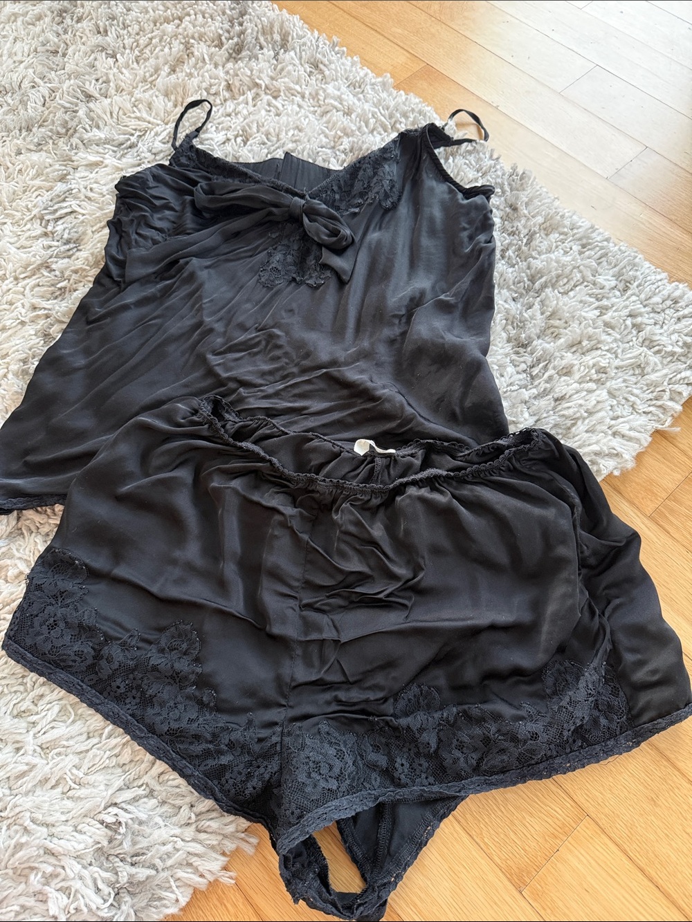 Black Lace Trim Satin Sleep Set - Camisole & Shorts